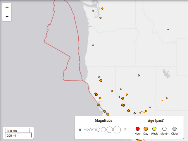 An April 10, 2017 map shows magnitudes of earthquakes in the western U.S. during the preceding week.